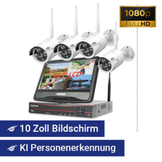 8 Kanal Kamera SET mit 4 Kameras, Rekorder und 10 Zoll Bildschirm + Gratis Festplatte